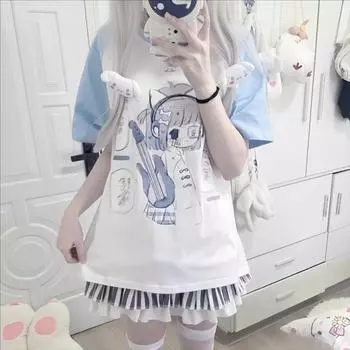 Японская футболка Kawii Sweet, летняя новая свободная блузка в стиле пэчворк, женская повседневная рубашка с коротким рукавом, модная одежда для активного отдыха S белый/синий