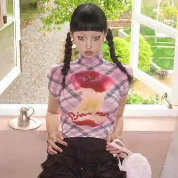 Японская футболка с графикой Y2k Дрянной укороченный топ с коротким рукавом 2000-х Эстетика гранжа Плиссированные футболки Винтаж Харадзюку 90-х S розовый