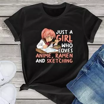 Японская футболка с короткими рукавами и принтом аниме, черный топ на каждый день с круглым вырезом для женщин XS чёрный