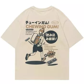 Японская футболка с мультяшным принтом кандзи S хаки