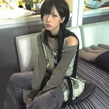 Японская футболка с открытыми плечами Y2k, гранж-эстетика, футболка с длинными рукавами и принтом граффити, винтажная уличная одежда в стиле Харадзюку, 90-е годы S серый