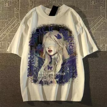Японская футболка с принтом аниме в стиле Харадзюку, свободные женские футболки с рисунком, летние повседневные футболки y2k, хипстерские белые и черные топы, уличная одежда M белый