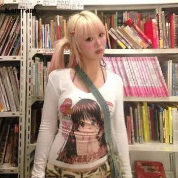 Японская футболка с принтом аниме Y2k Футболка с длинным рукавом в стиле 2000-х годов, винтажная футболка с V-образным вырезом в стиле Харадзюку, белые топы Kawaii Lolita S белый