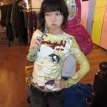 Японская футболка с принтом аниме Y2k, футболка с длинными рукавами и эстетикой 2000-х годов, винтажные тонкие топы в стиле Харадзюку, футболка Kawaii Lolita S зелёный