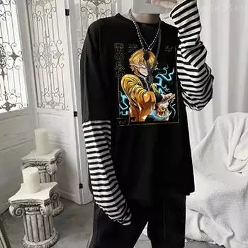 Японская футболка в стиле аниме «Убийца демонов», летние топы, «Дыхание грома», Agatsuma Zenitsu, Корейская мода с рисунком, лоскутные полосатые футболки S чёрный