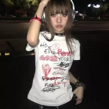 Японская футболка Y2k с эстетикой 2000-х годов, граффити, топы с графическим принтом, футболка с короткими рукавами, футболки E-girls Goth, гранж S белый