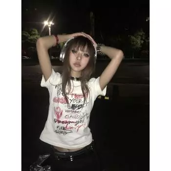 Японская футболка Y2k с граффити-топами, футболка с коротким рукавом и графическим принтом в стиле Харадзюку S белый