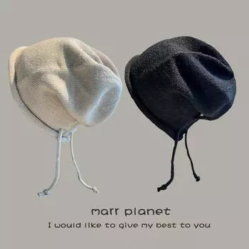 Японская гофрированная шапка-пуловер для женщин, ленивая шапка с завязками, повседневная универсальная однотонная осенне-зимняя вязаная шапка для мужчин average size 56-60cm чёрный