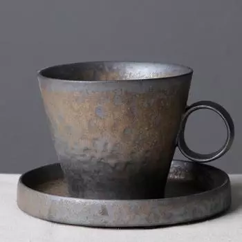 Японская грубая керамическая кружка для кофе – винтажная керамическая чашка ручной работы с блюдцем A