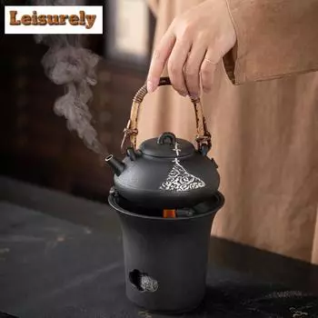 Японская грубая керамика ручной работы из квасцов, черный чайник, грелка, керамическая ретро-печка для чая, подсвечник, подставка для чайника, печка для чая, чайный сервиз