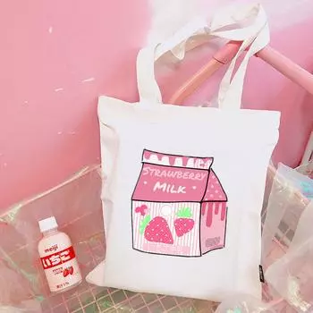 Японская холщовая сумка Kawaii с клубничным молочным принтом Y2K Harajuku с надписью Ins, большая вместительная сумка-шоппер Ulzzang, женские сумки на плечо 24*26cm
