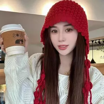 Японская интернет-знаменитость, шерстяная шапка с бахромой, женская, осень-зима, шапка Lei Feng, корейская версия, милая и симпатичная, защитная сумка для ушей, вязаная шапка M56-58cm