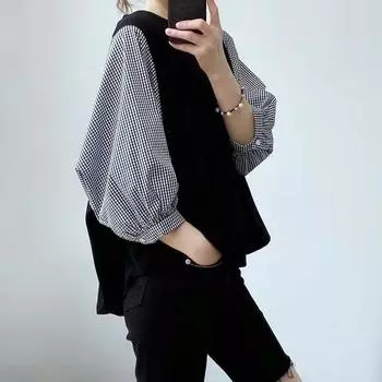 Японская искусственная рубашка из двух частей для женщин, цветной круглый вырез, свободная футболка с коротким рукавом и смешанными цветами M