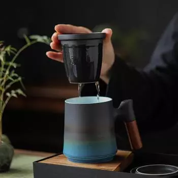 Японская керамическая чашка для чая с ситечком, винтажная кофейная чайная кружка, 400 мл Black-Blue(301-400ml)