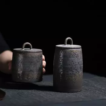Японская керамическая герметичная чашка для чая, грубая керамика, большая винтажная банка для специй, контейнер для еды