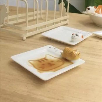 Японская керамическая тарелка для соуса, столовая посуда, креативный милый мультяшный рисунок счастливого кота, лепка из капель воды, фруктовая тарелка для суши, керамическая тарелка