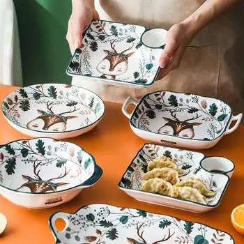 Японская керамическая тарелка для стейка, домашняя миска для супа с лапшой из зеленого оленя, круглая тарелка для пельменей и фруктов, кухонная утварь, принадлежности для стола