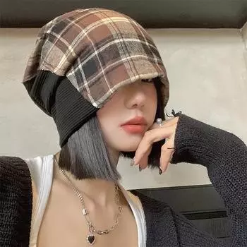 Японская клетчатая шляпа в стиле ретро, женская летняя тонкая дышащая холодная шляпа, большая окружность головы, свободная и универсальная, складывающаяся шляпа M56-58cm чёрный