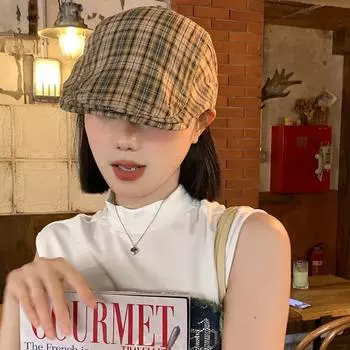 Японская контрастная клетчатая шляпа в клетку, женская летняя, тонкая, можно носить, персонализированный берет, уличная шляпа для газетчика, мужская Return is not supported (56-58cm)