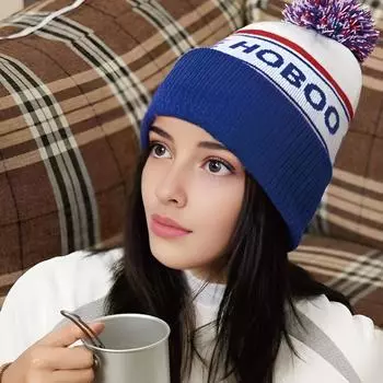 Японская контрастная шерстяная шапка женская зимняя холодная защитная ухо холодная шапка с рукавами прилив вязаная шапка с шариком теплая плотная шапка синий