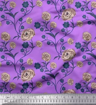 Японская креп-атласная ткань Soimoi с цветочным принтом листьев и роз, ткань по метрам, 42 дюйма 42 Inch Wide - Poly Crepe фиолетовый