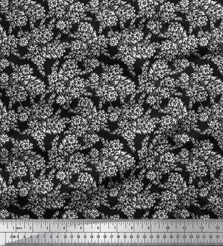 Японская креп-атласная ткань Soimoi с листьями и цветочным принтом на ткани по метрам 42 дюйма 42 Inch Wide - Poly Crepe чёрный