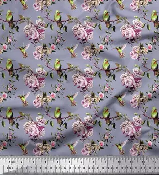 Японская креп-атласная ткань Soimoi с принтом «Колибри, листья и розы» и цветочным принтом, 42 дюйма по метрам 42 Inch Wide - Poly Crepe серый