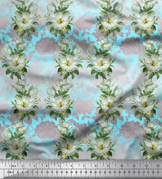 Японская креп-атласная ткань Soimoi с принтом в виде листьев и магнолии по метрам, 42 дюйма 42 Inch Wide - Poly Crepe синий