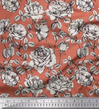 Японская креп-атласная ткань Soimoi с принтом в виде листьев, роз и пионов, ткань для рукоделия шириной 42 дюйма по метрам 42 Inch Wide - Poly Crepe оранжевый