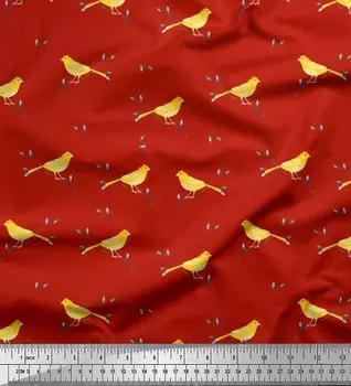 Японская креп-атласная ткань Soimoi с принтом листьев, ветвей и канареечных птиц на метр 42 дюйма 42 Inch Wide - Poly Crepe фиолетовый