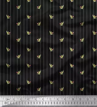 Японская креп-атласная ткань Soimoi с принтом в виде листьев, бутонов цветов и полосок по метрам 42 дюйма 42 Inch Wide - Poly Crepe фиолетовый