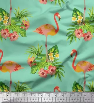 Японская креп-атласная ткань Soimoi с тропическими листьями, плюмерией и фламинго с принтом птиц на метр 42 дюйма 42 Inch Wide - Poly Crepe зелёный