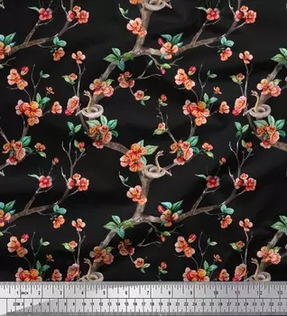 Японская креп-атласная ткань Soimoi со змеей, листьями и цветами, ткань с цветочным принтом, 42 дюйма по метрам 42 Inch Wide - Poly Crepe серый