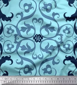 Японская креп-атласная ткань Soimoi Swirl & Ogee с дамасским принтом, 42 дюйма по метрам 42 Inch Wide - Poly Crepe синий