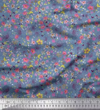 Японская креп-атласная ткань Soimoi, ткань с листьями, бабочками и перцем с цветочным принтом, 42 дюйма по метрам 42 Inch Wide - Poly Crepe синий