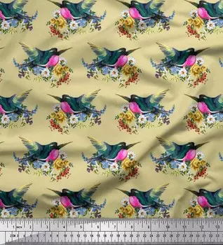 Японская креп-атласная ткань Soimoi, ткань с принтом листьев, цветов и птиц Робина по метрам, 42 дюйма 42 Inch Wide - Poly Crepe синий