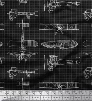 Японская креп-атласная ткань Soimoi в клетку и для шитья с принтом для перевозки самолетов, метр 42 дюйма 42 Inch Wide - Poly Crepe чёрный