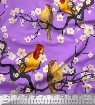 Японская креп-сатиновая ткань Soimoi, рыба, птица и яхта, птица с принтом на метр, 42 дюйма 42 Inch Wide - Poly Crepe оранжевый