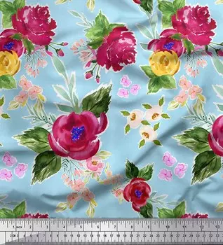 Японская креп-сатиновая ткань Soimoi с акварельным принтом цветов и листьев, 42 дюйма по метрам 42 Inch Wide - Poly Crepe зелёный