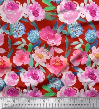 Японская креп-сатиновая ткань Soimoi с акварельным принтом цветов и листьев, 42 дюйма по метрам 42 Inch Wide - Poly Crepe синий