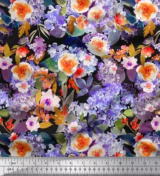 Японская креп-сатиновая ткань Soimoi с акварельным принтом цветов и листьев, 42 дюйма по метрам 42 Inch Wide - Poly Crepe синий