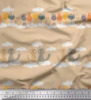 Японская креп-сатиновая ткань Soimoi с цветочным принтом, облаками и кошками для детей, ткань по метрам, 42 дюйма 42 Inch Wide - Poly Crepe бежевый
