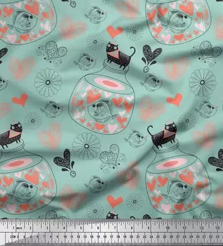 Японская креп-сатиновая ткань Soimoi с цветочным принтом, горшком и кошкой, детская ткань с принтом, 1 метр, 42 дюйма 42 Inch Wide - Poly Crepe зелёный