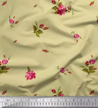 Японская креп-сатиновая ткань Soimoi с цветочным принтом листьев и гвоздик, 42 дюйма по метрам 42 Inch Wide - Poly Crepe бежевый