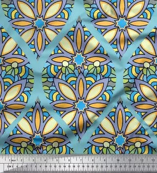 Японская креп-сатиновая ткань Soimoi с цветочным принтом и дамасским декором Ogee, метр 42 дюйма 42 Inch Wide - Poly Crepe синий