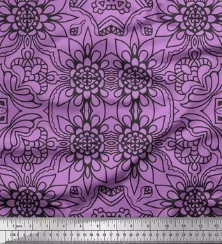 Японская креп-сатиновая ткань Soimoi с цветочным и марокканским дамасским этническим принтом, 1 метр 42 дюйма 42 Inch Wide - Poly Crepe фиолетовый