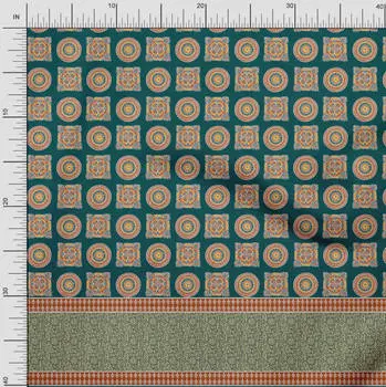 Японская креп-сатиновая ткань Soimoi с цветочным принтом и панно мандалы, 1 метр, 42 дюйма 42 Inch Wide - Poly Crepe зелёный