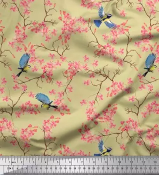 Японская креп-сатиновая ткань Soimoi с цветочным принтом и голубыми птицами, ткань с принтом, 42 дюйма 42 Inch Wide - Poly Crepe бежевый