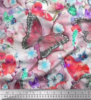 Японская креп-сатиновая ткань Soimoi с цветочным декором, цыпленком и бабочкой, ткань с принтом, 42 дюйма 42 Inch Wide - Poly Crepe оранжевый