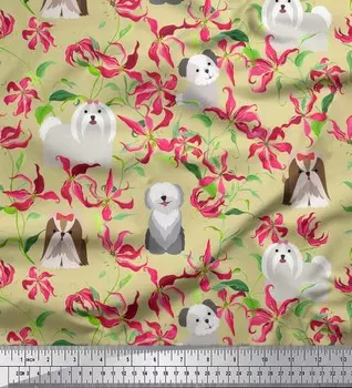 Японская креп-сатиновая ткань Soimoi с цветочным принтом, овчарка и йоркширский терьер, ткань с принтом для собак, 1 метр 42 дюйма 42 Inch Wide - Poly Crepe бежевый